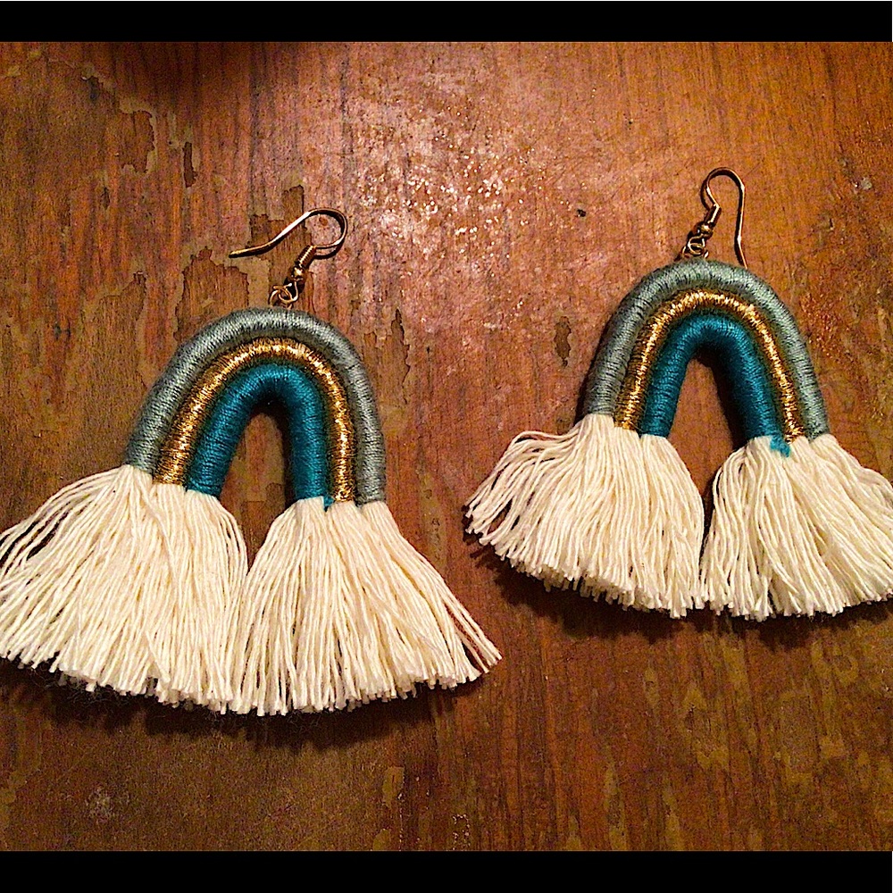 Macrame rainbow earrings blue gold beautiful new
